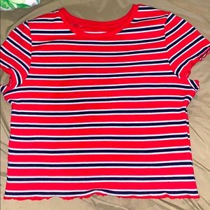 Red, black and white striped crop top